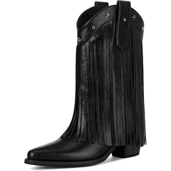 ⚡Women's Black Mid Calf Cowgirl Boots With Star Studded Pointed Toe Chunky Heel - Picture 1 of 5
